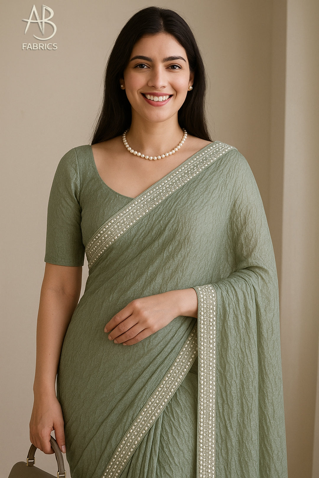 Mint Green Crushed Tissue Silk Saree with Delicate Beadwork