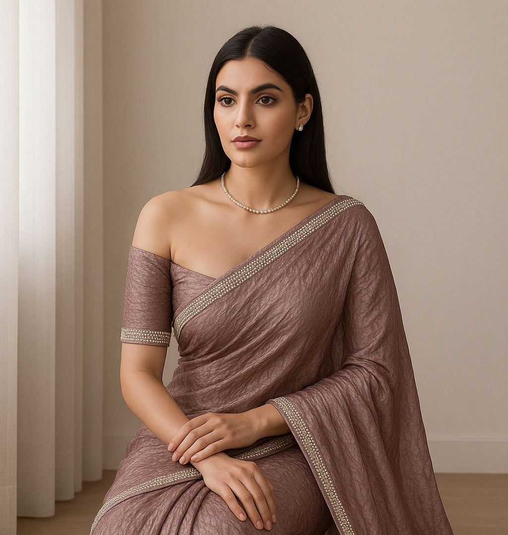 Pastel Mauve Crushed Tissue Silk Saree with Delicate Beadwork