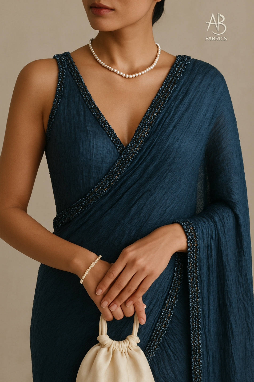 Nevy Blue Crushed Tissue Silk Saree with Delicate Beadwork