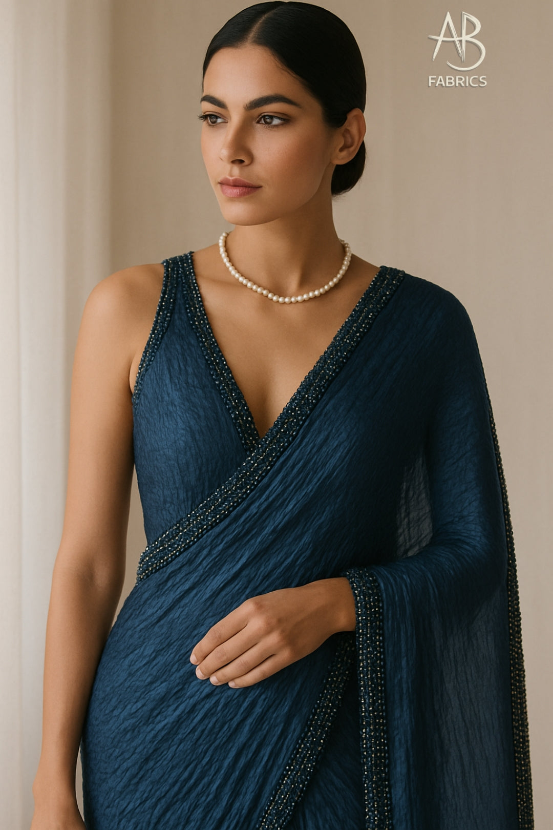 Nevy Blue Crushed Tissue Silk Saree with Delicate Beadwork