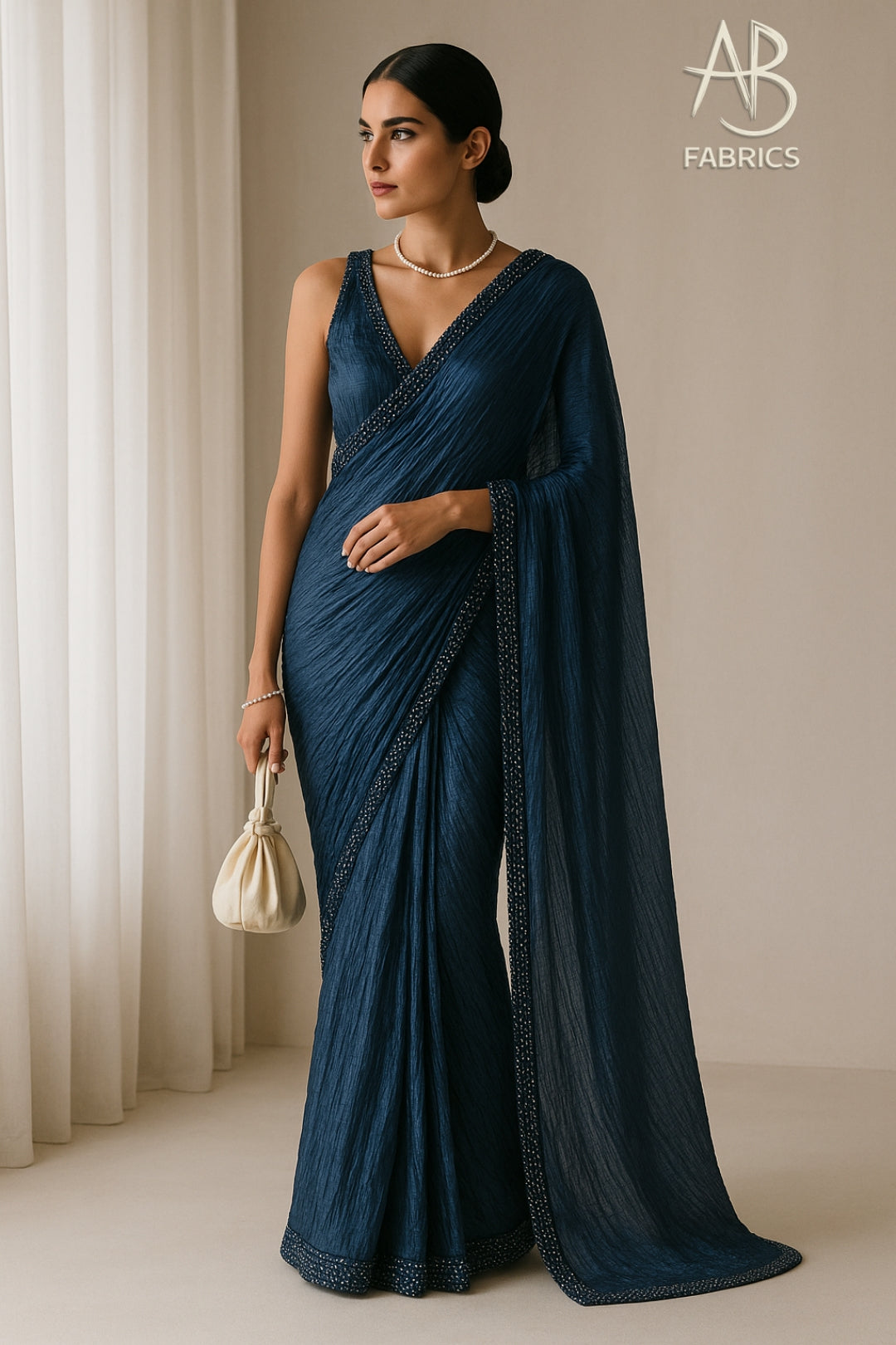 Nevy Blue Crushed Tissue Silk Saree with Delicate Beadwork