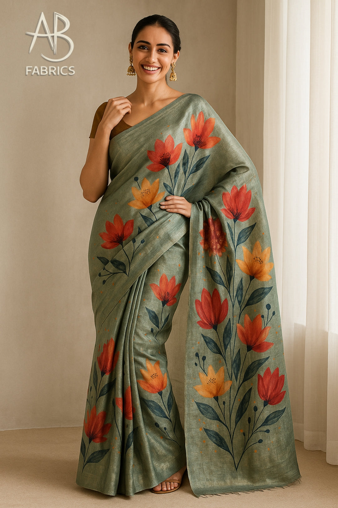 Floral Hand-Printed Pure Tussar Silk Saree FH04