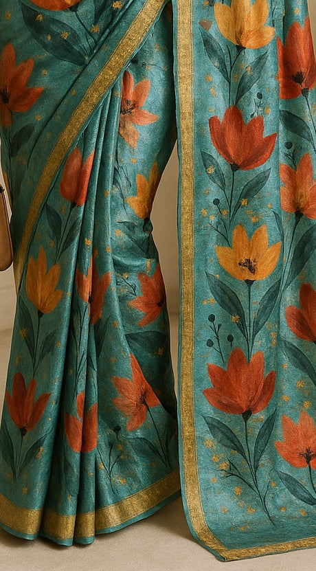 Floral Hand-Printed Pure Tussar Silk Saree FH01