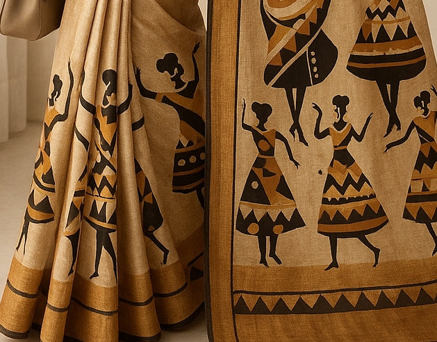 Hand-Printed Pure Tussar Silk Saree FH10