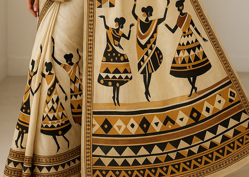 Hand-Printed Pure Tussar Silk Saree FH09