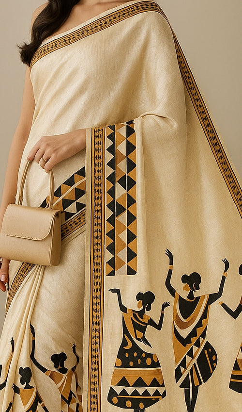 Hand-Printed Pure Tussar Silk Saree FH09