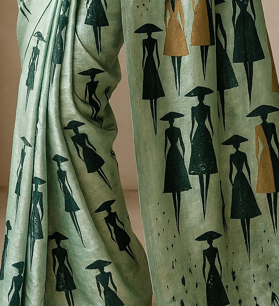 Hand-Printed Pure Tussar Silk Saree FH08