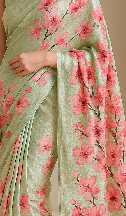 Floral Hand-Printed Pure Tussar Silk Saree FH11