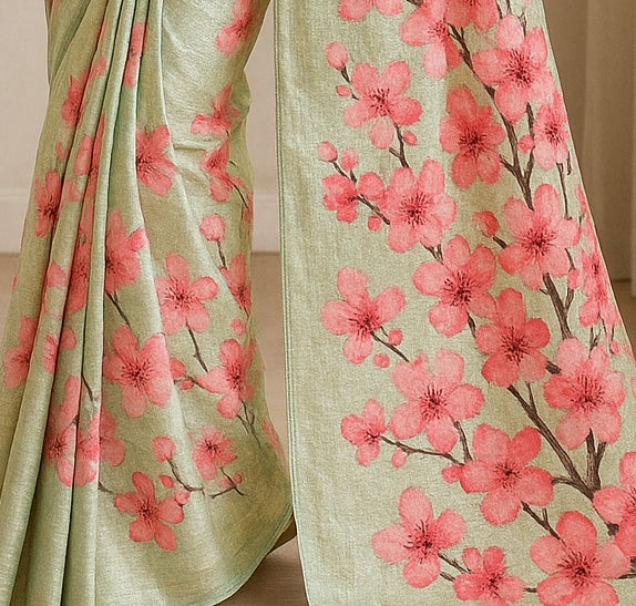 Floral Hand-Printed Pure Tussar Silk Saree FH11