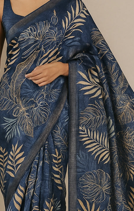 Floral Hand-Printed Pure Tussar Silk Saree FH21