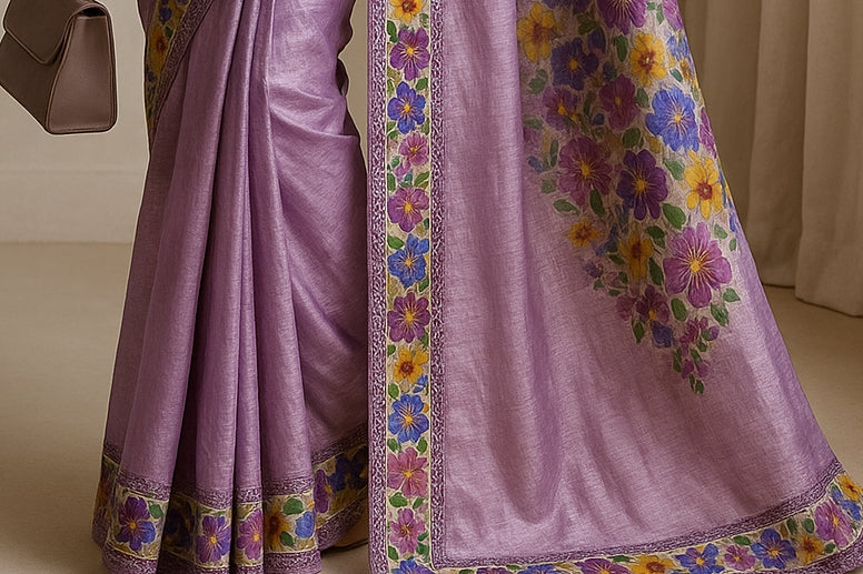 Floral Hand-Printed Pure Tussar Silk Saree FH36
