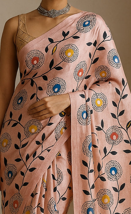 Floral Hand-Printed Pure Tussar Silk Saree FH41