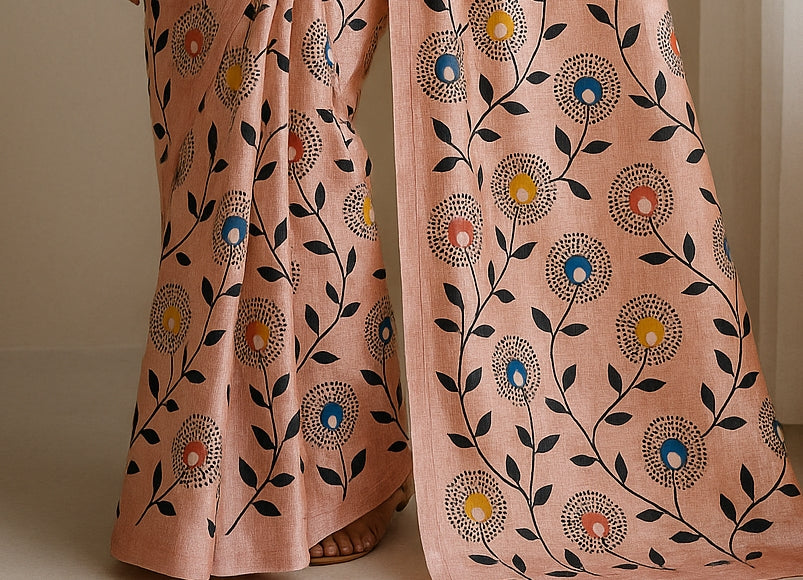 Floral Hand-Printed Pure Tussar Silk Saree FH41