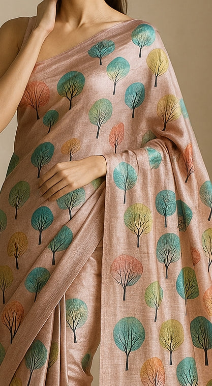 Floral Hand-Printed Pure Tussar Silk Saree FH42