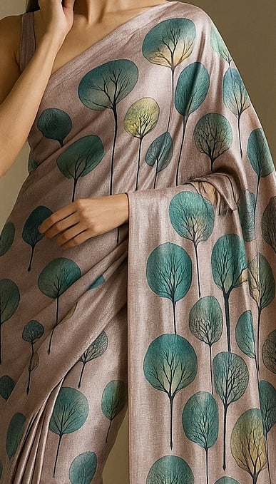 Floral Hand-Printed Pure Tussar Silk Saree FH43