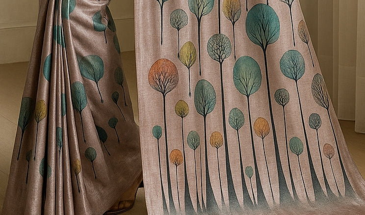 Floral Hand-Printed Pure Tussar Silk Saree FH43