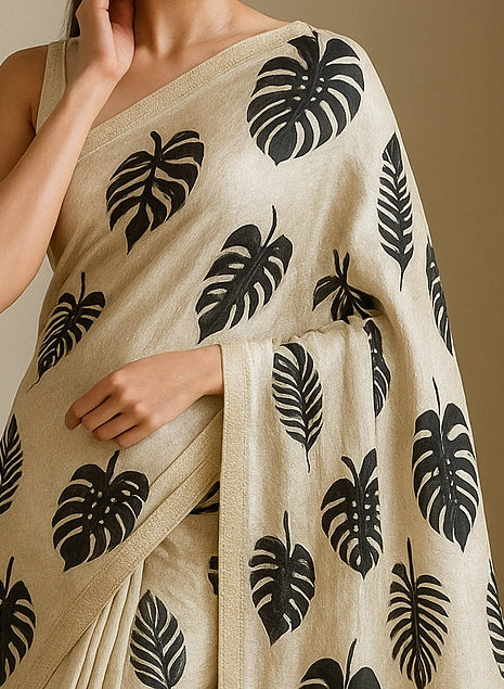 Floral Hand-Printed Pure Tussar Silk Saree FH44