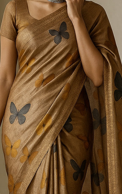Floral Hand-Printed Pure Tussar Silk Saree FH45