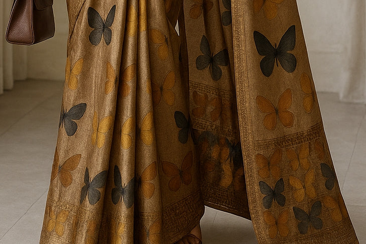 Floral Hand-Printed Pure Tussar Silk Saree FH45