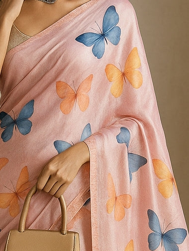 Floral Hand-Printed Pure Tussar Silk Saree FH46