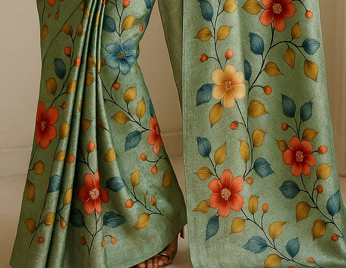 Floral Hand-Printed Pure Tussar Silk Saree FH47