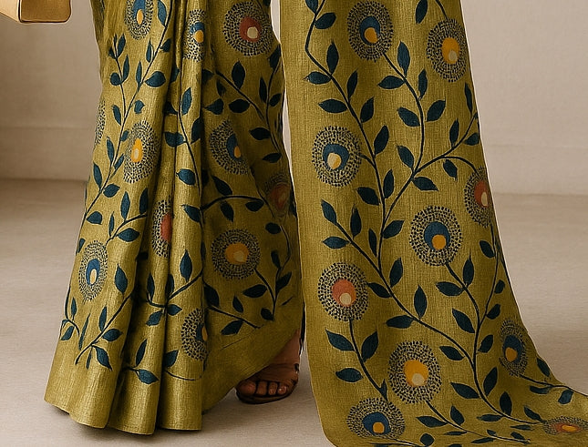 Floral Hand-Printed Pure Tussar Silk Saree FH48