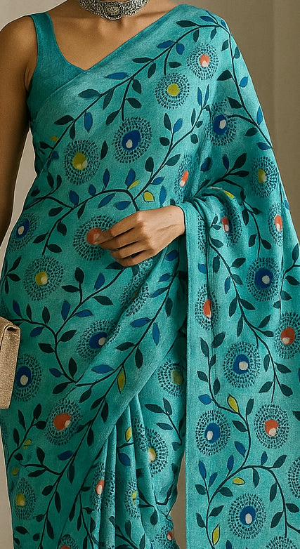 Floral Hand-Printed Pure Tussar Silk Saree FH49
