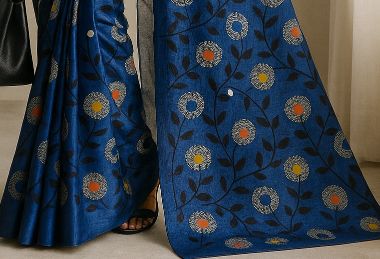 Floral Hand-Printed Pure Tussar Silk Saree FH51