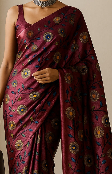 Floral Hand-Printed Pure Tussar Silk Saree FH52