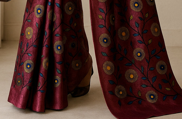 Floral Hand-Printed Pure Tussar Silk Saree FH52