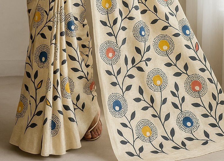 Floral Hand-Printed Pure Tussar Silk Saree FH50