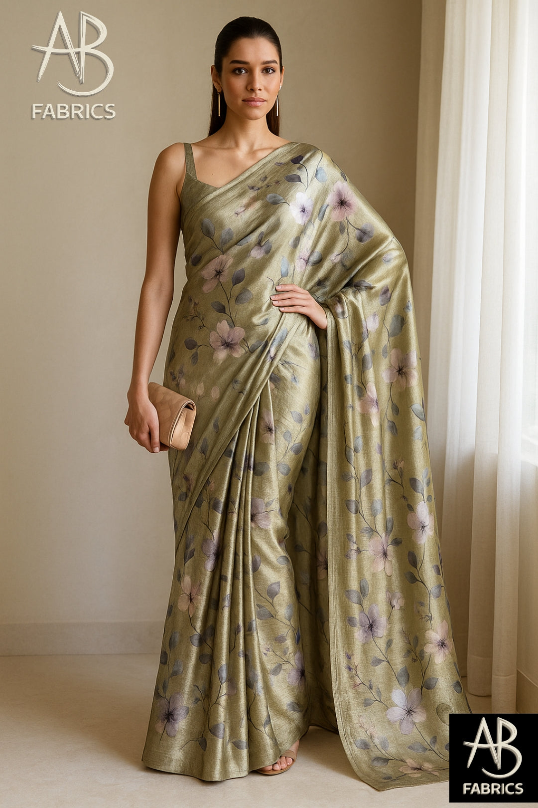 Floral Hand-Printed Pure Tussar Silk Saree FH54