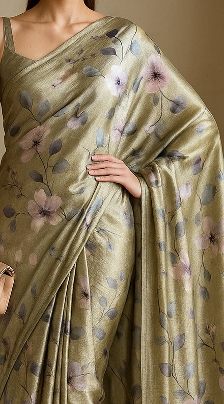 Floral Hand-Printed Pure Tussar Silk Saree FH54
