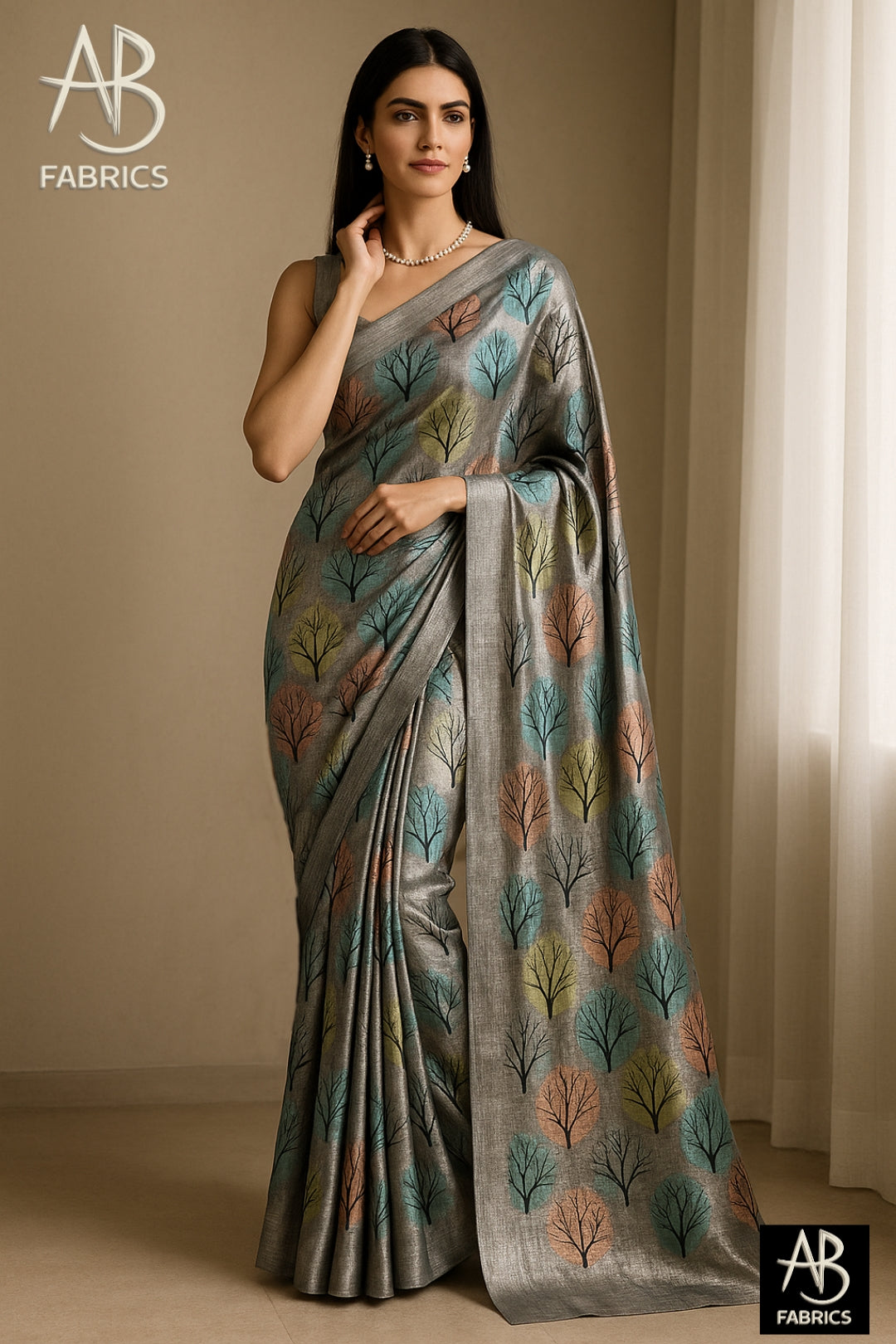 Floral Hand-Printed Pure Tussar Silk Saree FH56