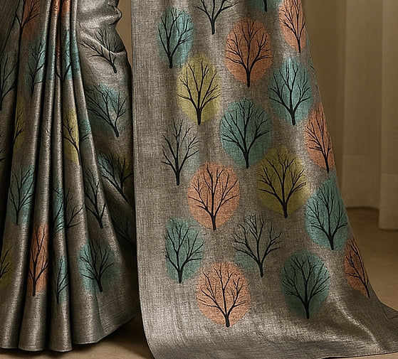 Floral Hand-Printed Pure Tussar Silk Saree FH56