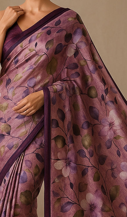 Floral Hand-Printed Pure Tussar Silk Saree FH59