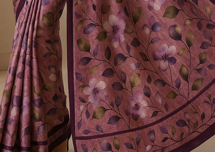 Floral Hand-Printed Pure Tussar Silk Saree FH59