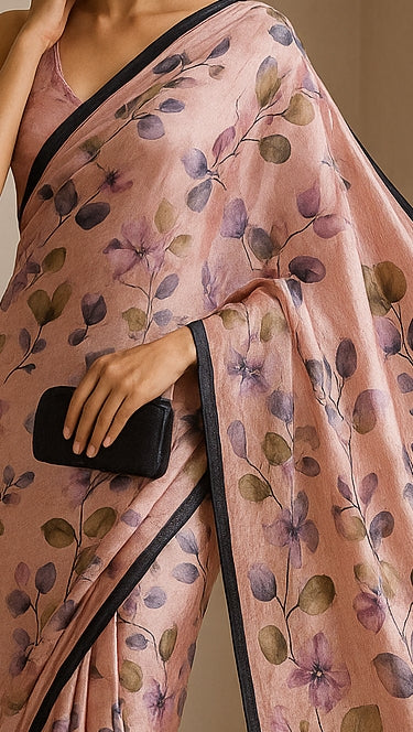 Floral Hand-Printed Pure Tussar Silk Saree FH61