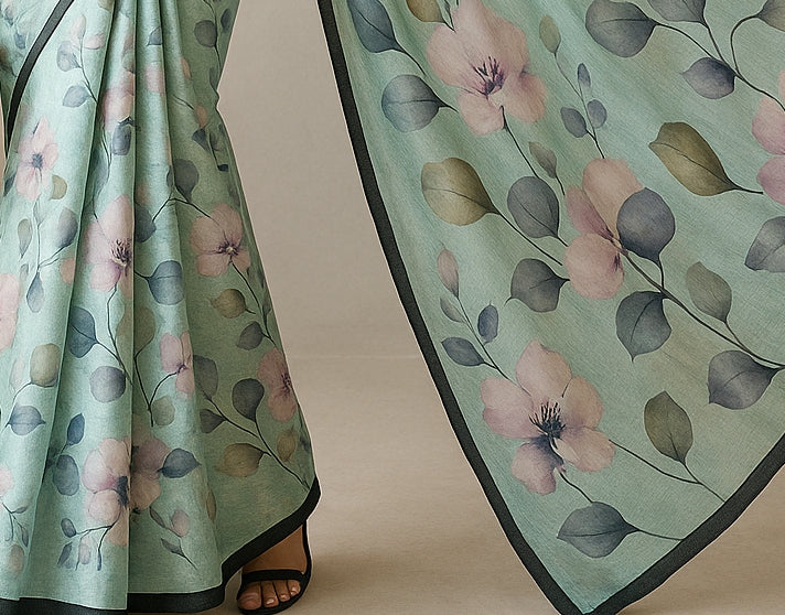 Floral Hand-Printed Pure Tussar Silk Saree FH63