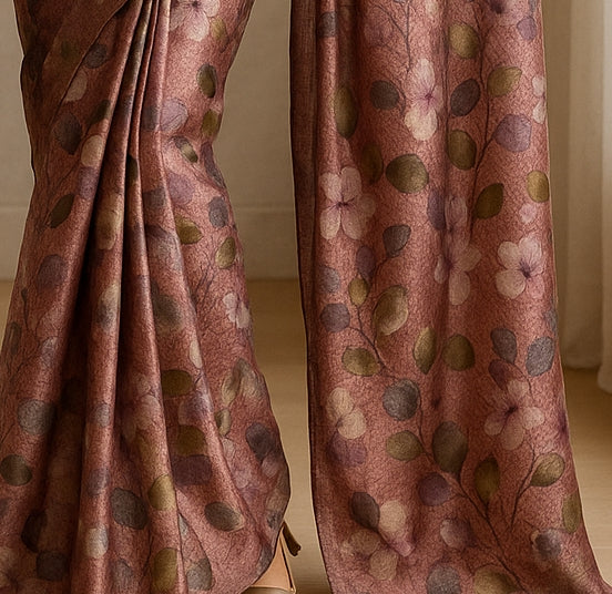 Floral Hand-Printed Pure Tussar Silk Saree FH64