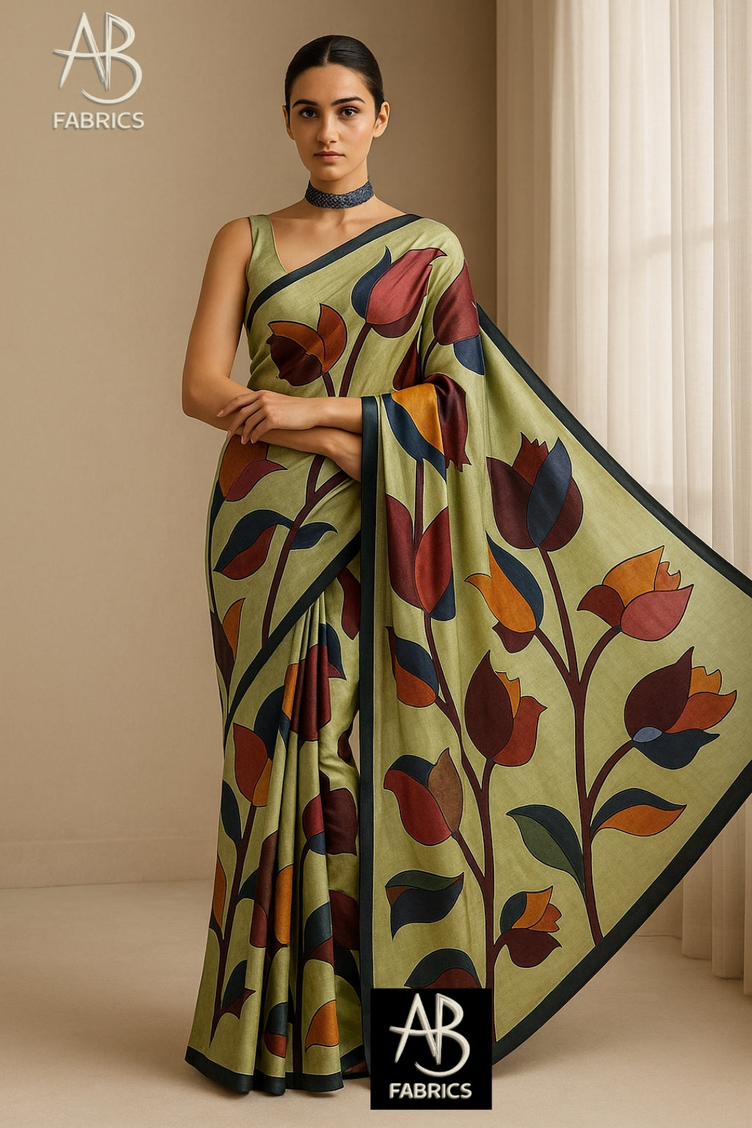 Floral Hand-Printed Pure Tussar Silk Saree FH66