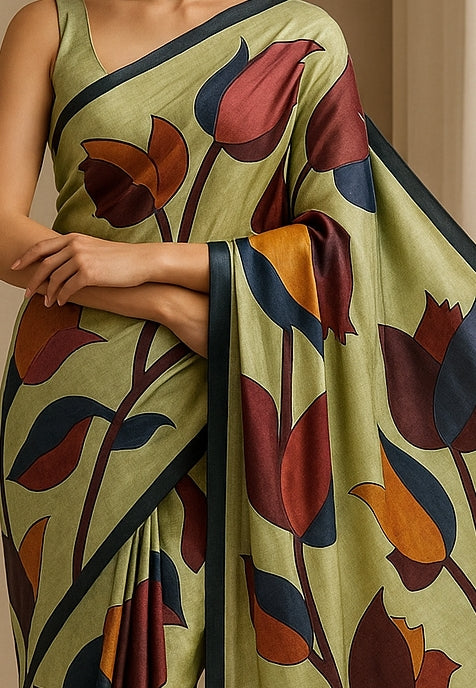 Floral Hand-Printed Pure Tussar Silk Saree FH66