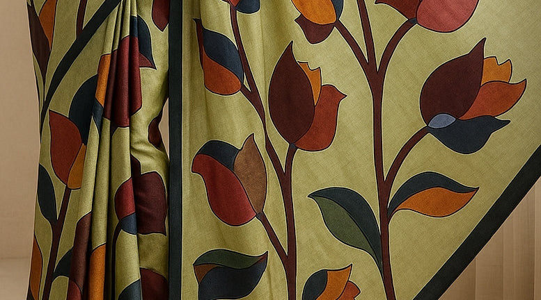 Floral Hand-Printed Pure Tussar Silk Saree FH66