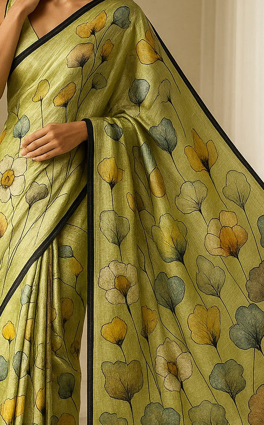 Floral Hand-Printed Pure Tussar Silk Saree FH67