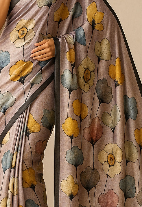 Floral Hand-Printed Pure Tussar Silk Saree FH68