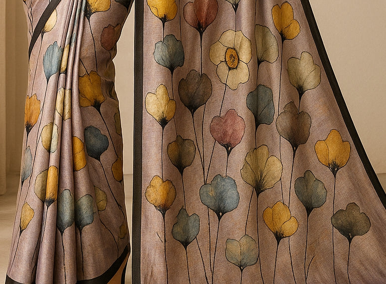 Floral Hand-Printed Pure Tussar Silk Saree FH68