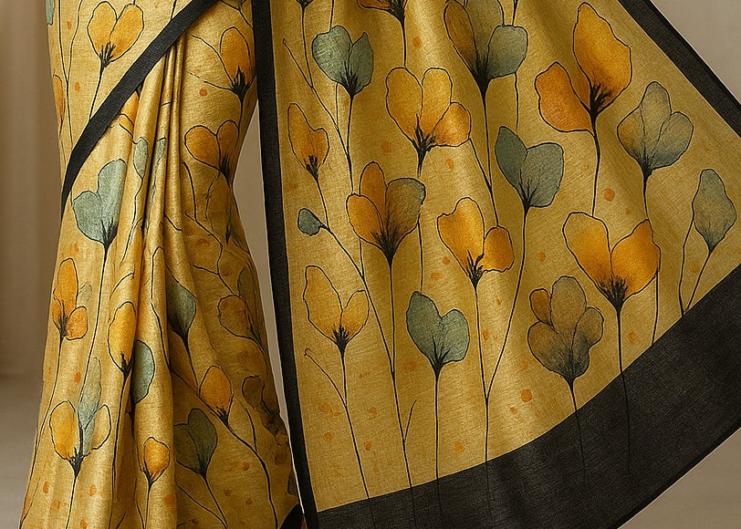 Floral Hand-Printed Pure Tussar Silk Saree FH69
