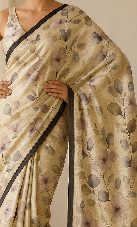 Floral Hand-Printed Pure Tussar Silk Saree FH70