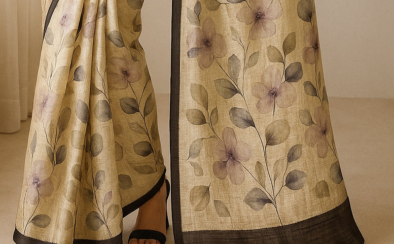 Floral Hand-Printed Pure Tussar Silk Saree FH70