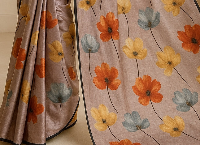 Floral Hand-Printed Pure Tussar Silk Saree FH71